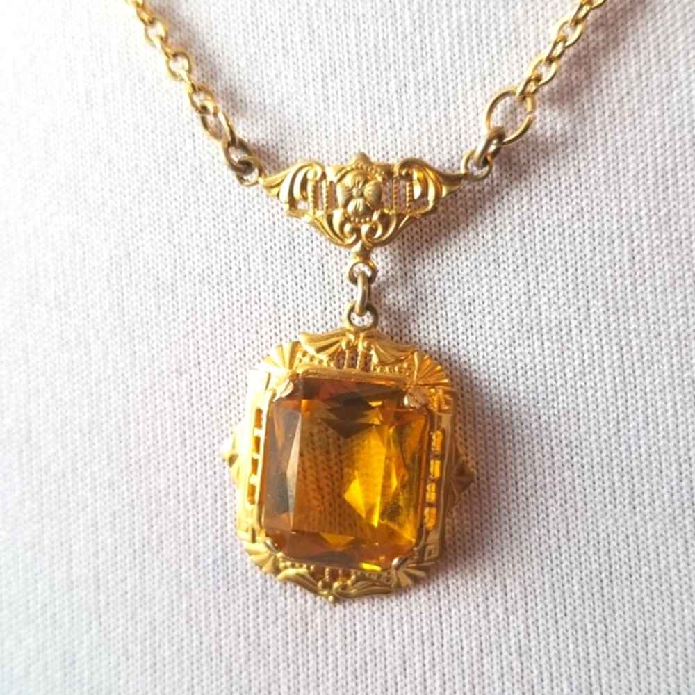 Vintage Art Deco necklace yellow gem gold tone faceted 1920s 1930s Gatsby